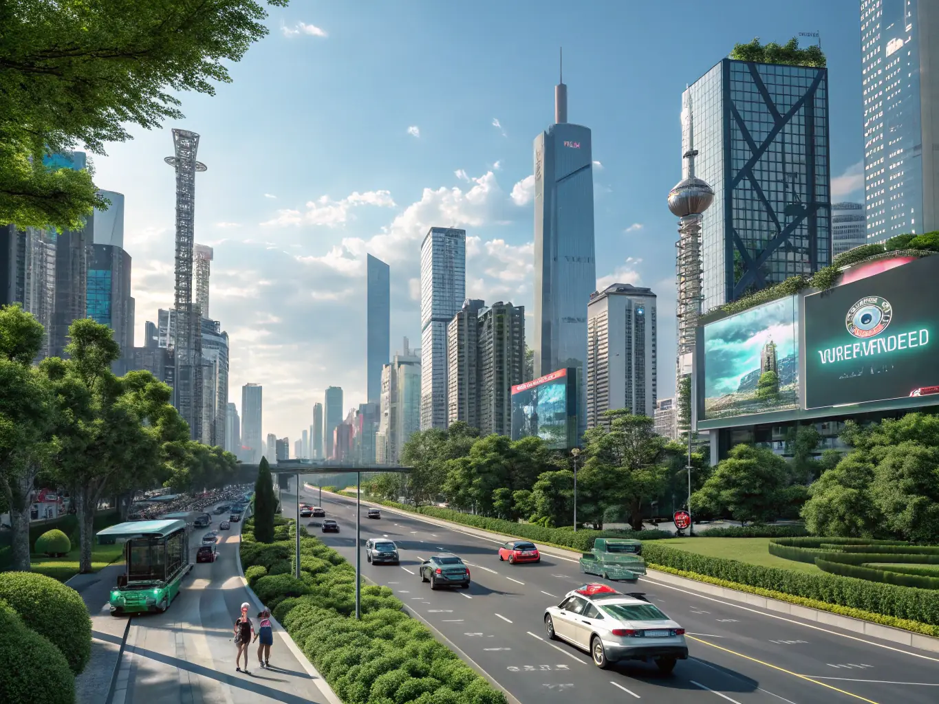 A futuristic cityscape generated by AI, with flying vehicles and holographic advertisements, representing the innovative and high-tech nature of AI-generated films on 9.1 Watch NBA Online Free Website.