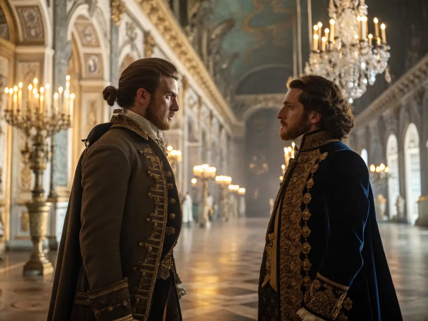 A still from an AI-generated historical drama, showcasing detailed costumes and set designs, emphasizing the high production quality and attention to detail in AI-created content on 9.1 Watch NBA Online Free Website.